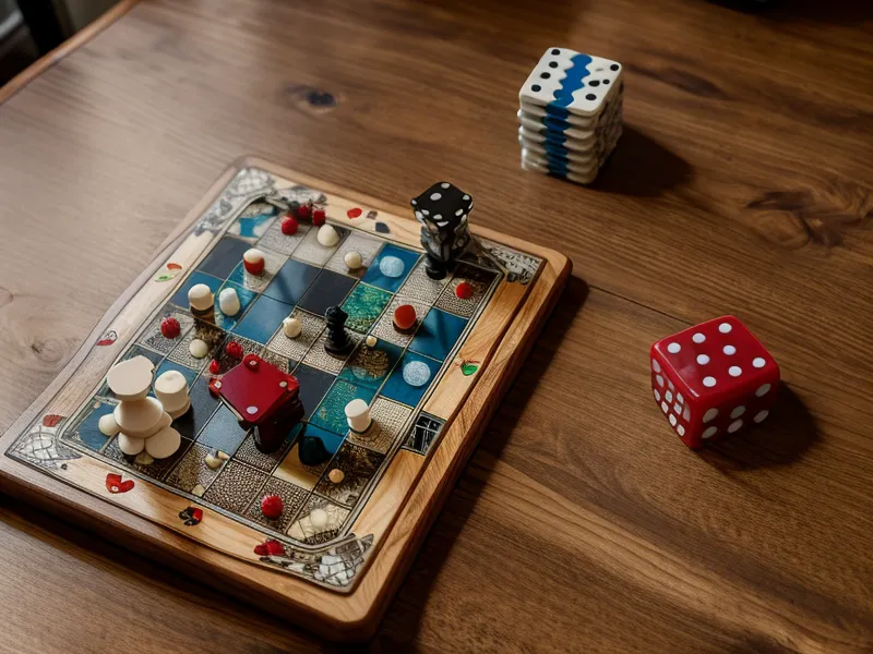 Ein abgebrochenes Brettspiel auf einem Holztisch bei gedimmtem Abendlicht - gescheiterter Versuch, Quality Time als Paar zu erzwingen