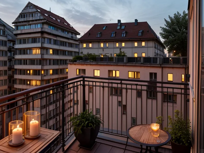 Blick von einem Balkon in Eimsbüttel über die Dächer bei heraufziehender Dämmerung - Projektor-Rückzug nach einem langen Tag
