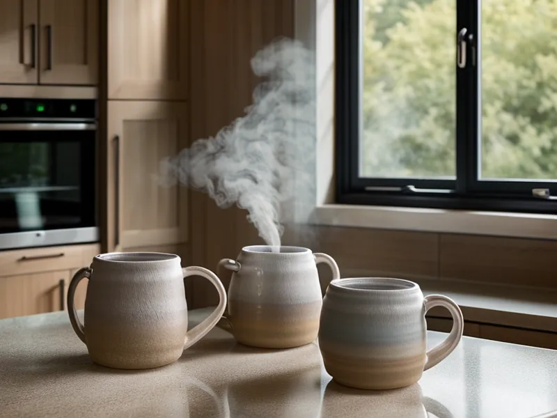 Zwei Kaffeetassen in der Küche im Abendlicht – ruhiger Moment der Anerkennung zwischen Projektor und Manifestierendem Generator.
