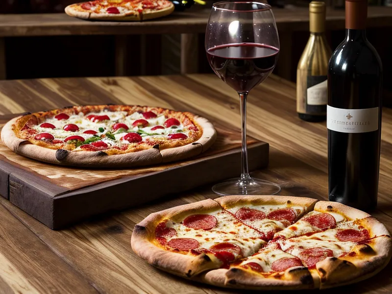 Zwei Weingläser und eine Pizza auf einem Holztisch als Beispiel für eine gelungene Einladung