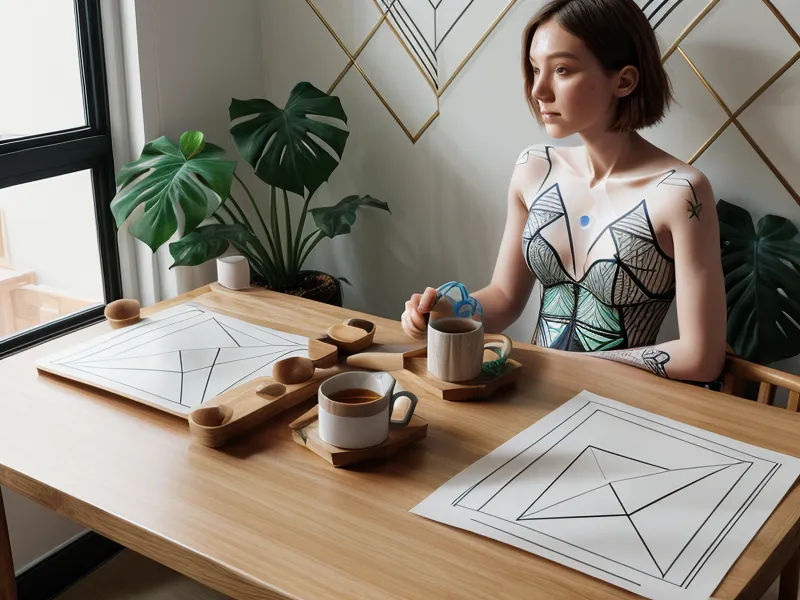 Zwei ausgedruckte Human-Design-Körpergrafiken eines Projektor-MG-Paares liegen zur Partnerschafts-Analyse neben einer Kaffeetasse auf dem Holztisch.