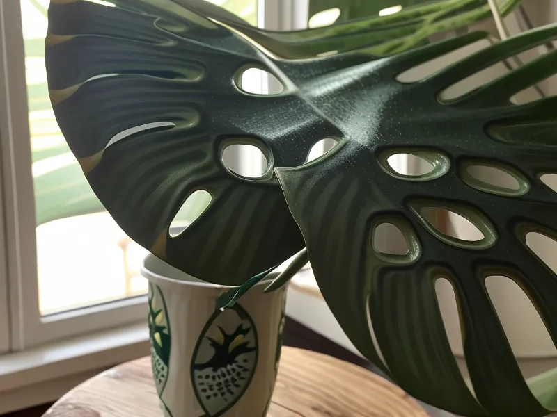 Monstera-Blatt neben einer Kaffeetasse als Symbol für die stille Verarbeitungspause eines Projektors im Gespräch mit seiner Manifestierenden Generatorin-Partnerin