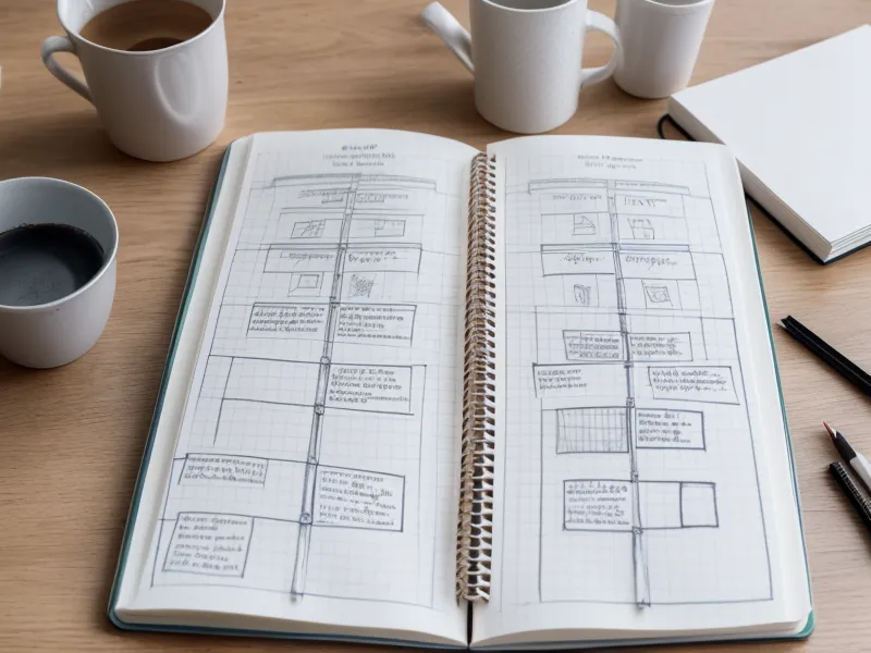 Notizbuch mit UX-Diagrammen als Case-Vergleich zweier Kommunikationsansätze zwischen Projektor und Manifestierender Generatorin