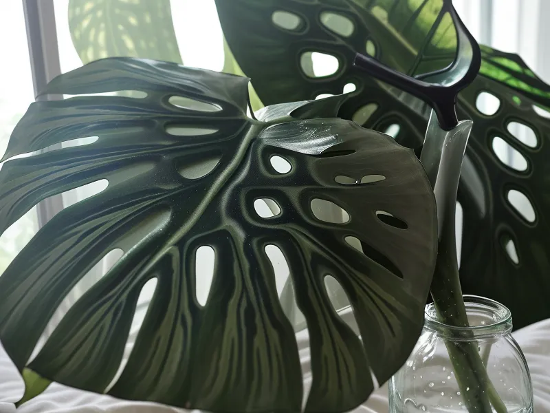 Mareike besprüht die Monstera-Pflanzen im Schlafzimmer als ruhigen Routinemoment des Manifestierenden Generators am Morgen