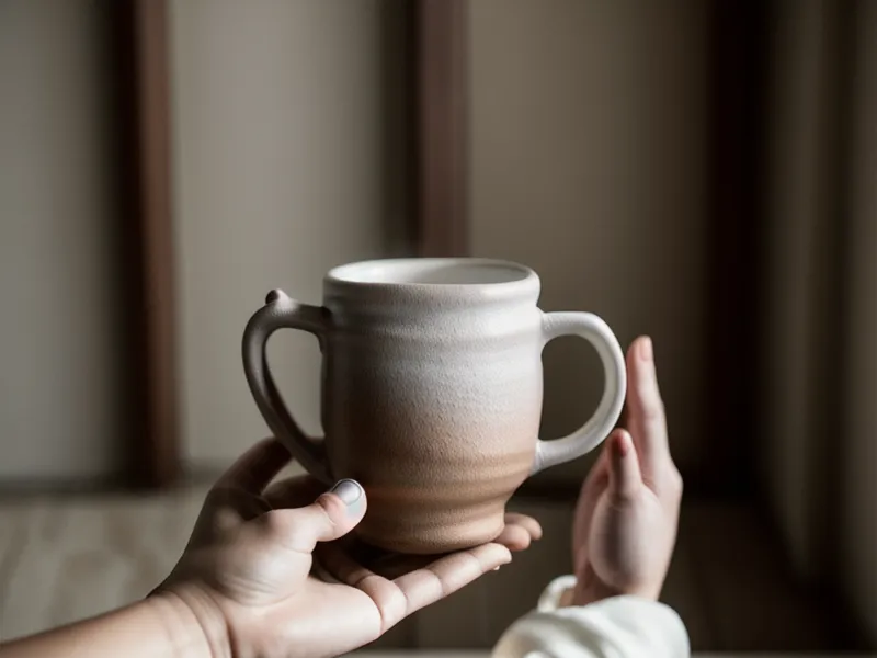 Hand mit Keramiktasse im dunklen Flur als Symbolbild für eine leere soziale Batterie nach einer Einladung