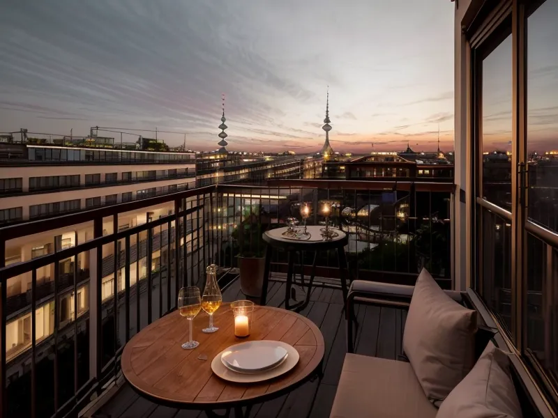 Abendlicher Blick von einem Hamburger Balkon in Eimsbüttel mit Notizbuch – Reflexion über Partnerschaft-Wachstum durch Human Design