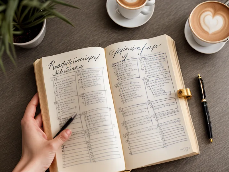 Beziehungs-Analyse für eine Human Design Ehe: Notizbuch mit Skizzen neben einer Tasse Espresso