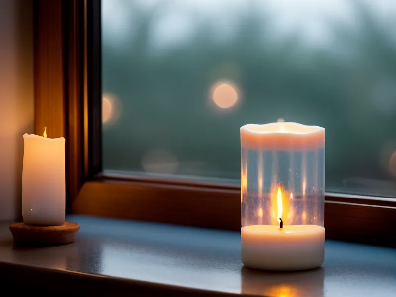 Brennende Kerze am Fenster in der Dämmerung, ruhiger Alltagsmoment einer Human-Design-Ehe in Eimsbüttel